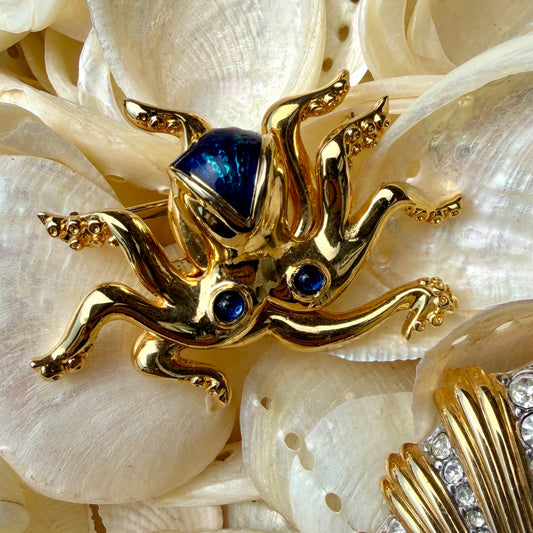 1990s Gold Plated Octopus Brooch - Cabouchon
