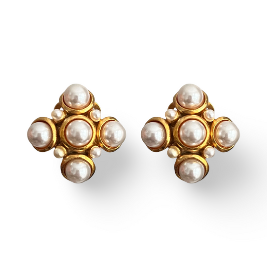 1980s Pearl Cross Earrings - Clip On