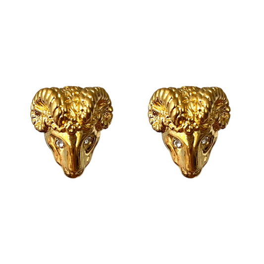 1990s Gold Plated Ram Head Earrings - Post