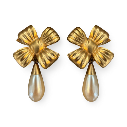 1980s Matte Gold Bow Earrings - Clip on