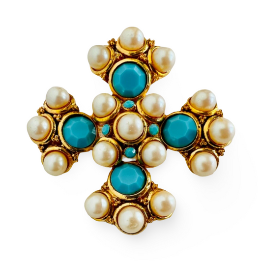 1990s Faux Pearl Maltese Cross Brooch