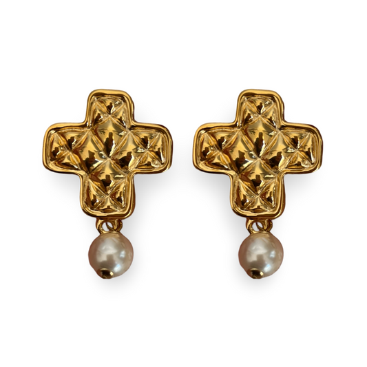 1990s Vintage Quilted Cross Earrings - Post