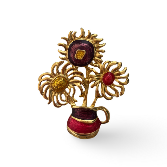 1990s Gold Plated Sunflower Brooch - YSL for Avon