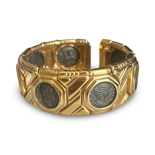 90s Cabouchon Gold Plated Coin Cuff Bracelet