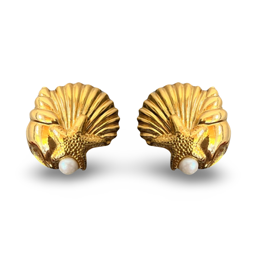 1980s Shell and Pearl Earrings - Post