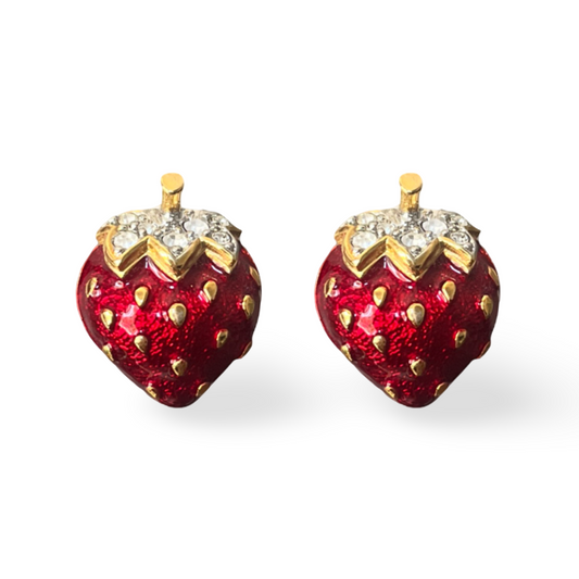 1990s Enamel Strawberry Earrings - Post