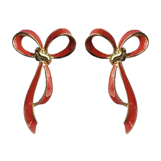 1990s Large Coral Enamel Bow Earrings - Post
