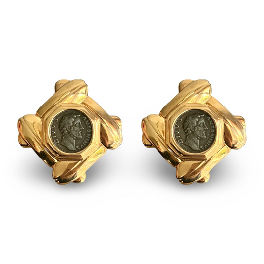 1990s Huge Cabouchon Coin Earrings- Clip On