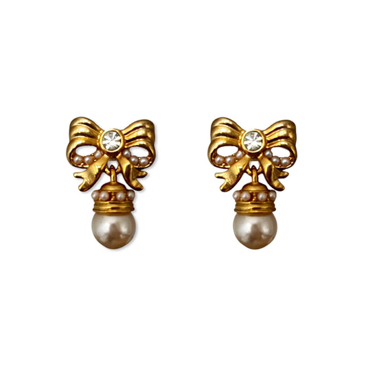 1980s Bow and Faux Pearl Drop Earrings - Post