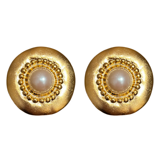 1990s Gold Plated Faux Pearl Statement Earrings - Clip on