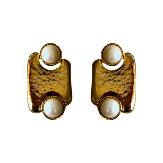 1980s Gold Plated Abstract Pearl Earrings - Clip On