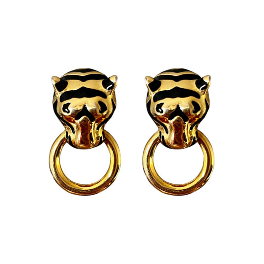 1990s Gold Plated Tiger Head Knocker Earrings - Post