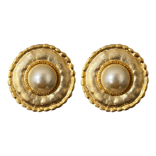 1980s Gold Plated Etruscan Pearl Earrings - Clip On
