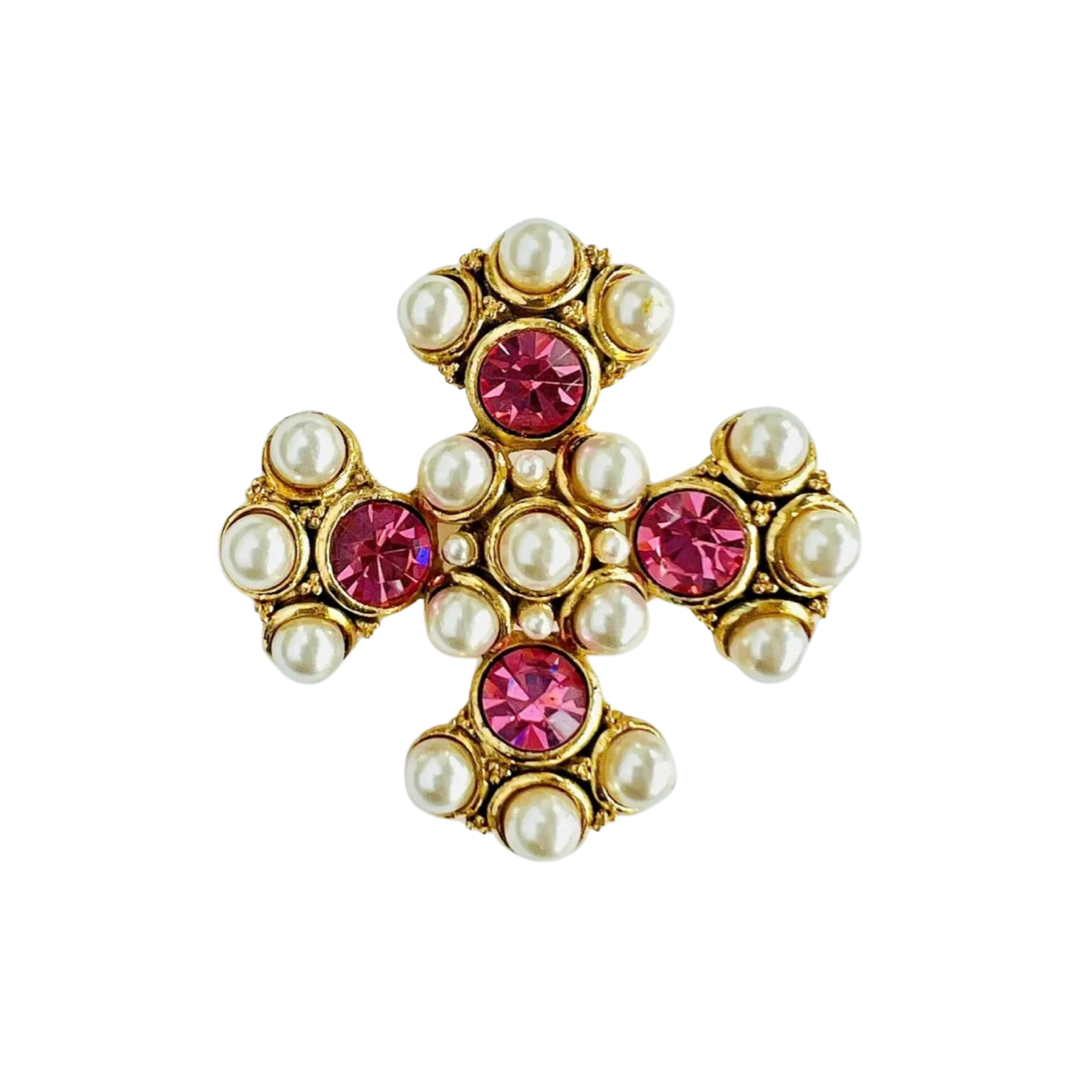 1990s Faux Pearl and Swarovski Maltese Cross Brooch