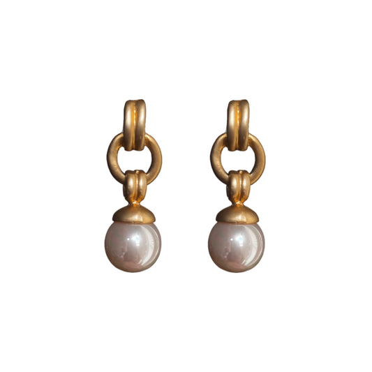1980s Brushed Gold and Faux Pearl Drop Earrings - Post