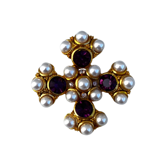 1990s Faux Pearl and Amethyst Swarovski Maltese Cross Brooch