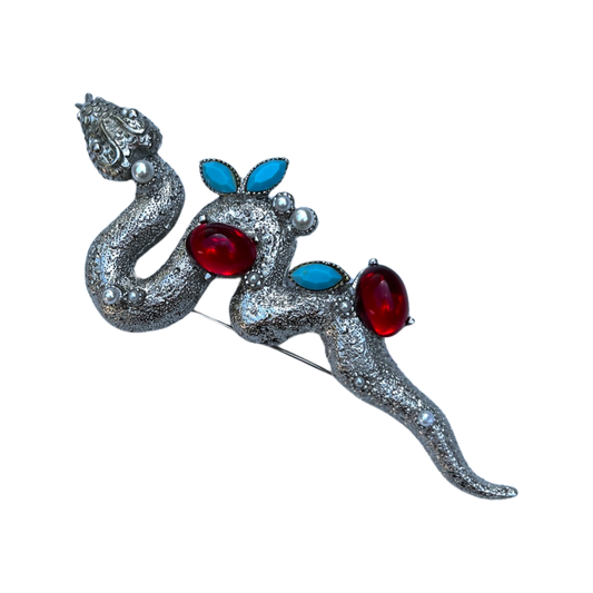 1980s Huge Snake Statement Brooch - Red