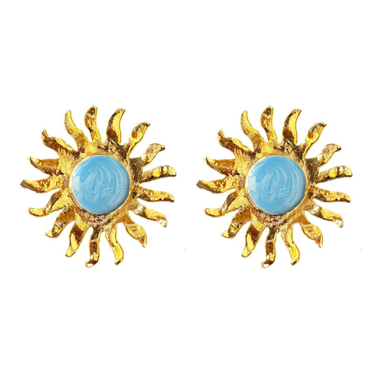 1990s Blue Enamel Sun Earrings - Clip On