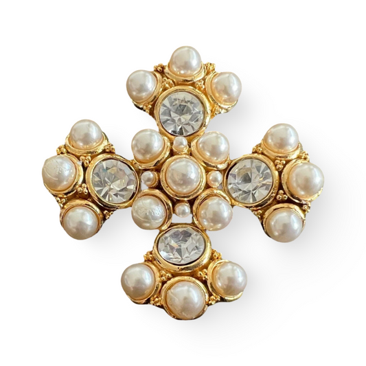 1990s Faux Pearl and Swarovski Maltese Cross Brooch