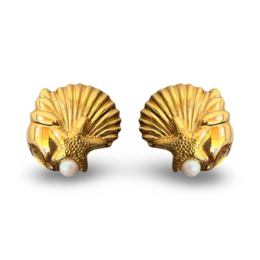 1980s Shell and Pearl Earrings - Post