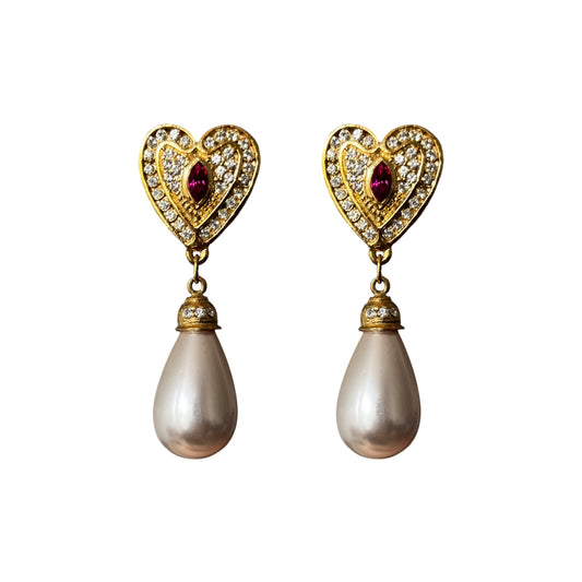 1990s Heart and Pearl Earrings - Clip on